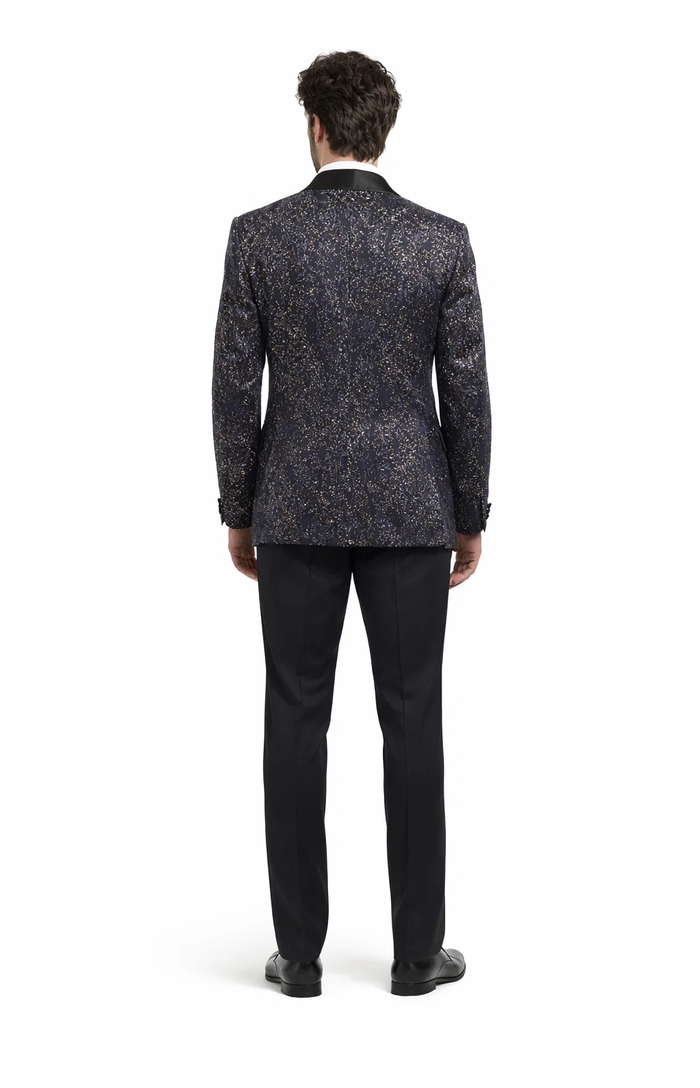 Mens Navy Blue Sequin Tuxedo Jacket with Black Satin Shawl Lapel  Luxury Prom and Wedding Blazer