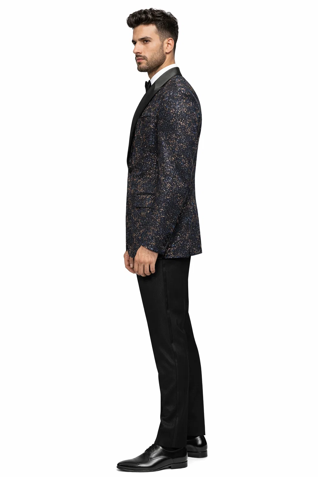 Mens Navy Blue Sequin Tuxedo Jacket with Black Satin Shawl Lapel  Luxury Prom and Wedding Blazer
