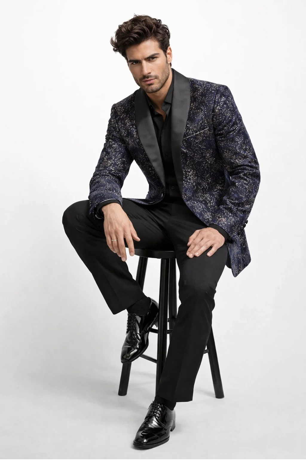 Mens Navy Blue Sequin Tuxedo Jacket with Black Satin Shawl Lapel  Luxury Prom and Wedding Blazer