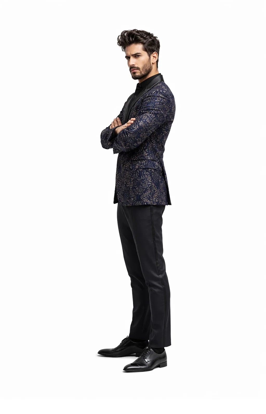 Mens Navy Blue Sequin Tuxedo Jacket with Black Satin Shawl Lapel  Luxury Prom and Wedding Blazer