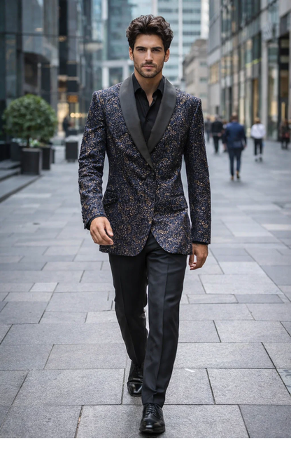 Mens Navy Blue Sequin Tuxedo Jacket with Black Satin Shawl Lapel  Luxury Prom and Wedding Blazer