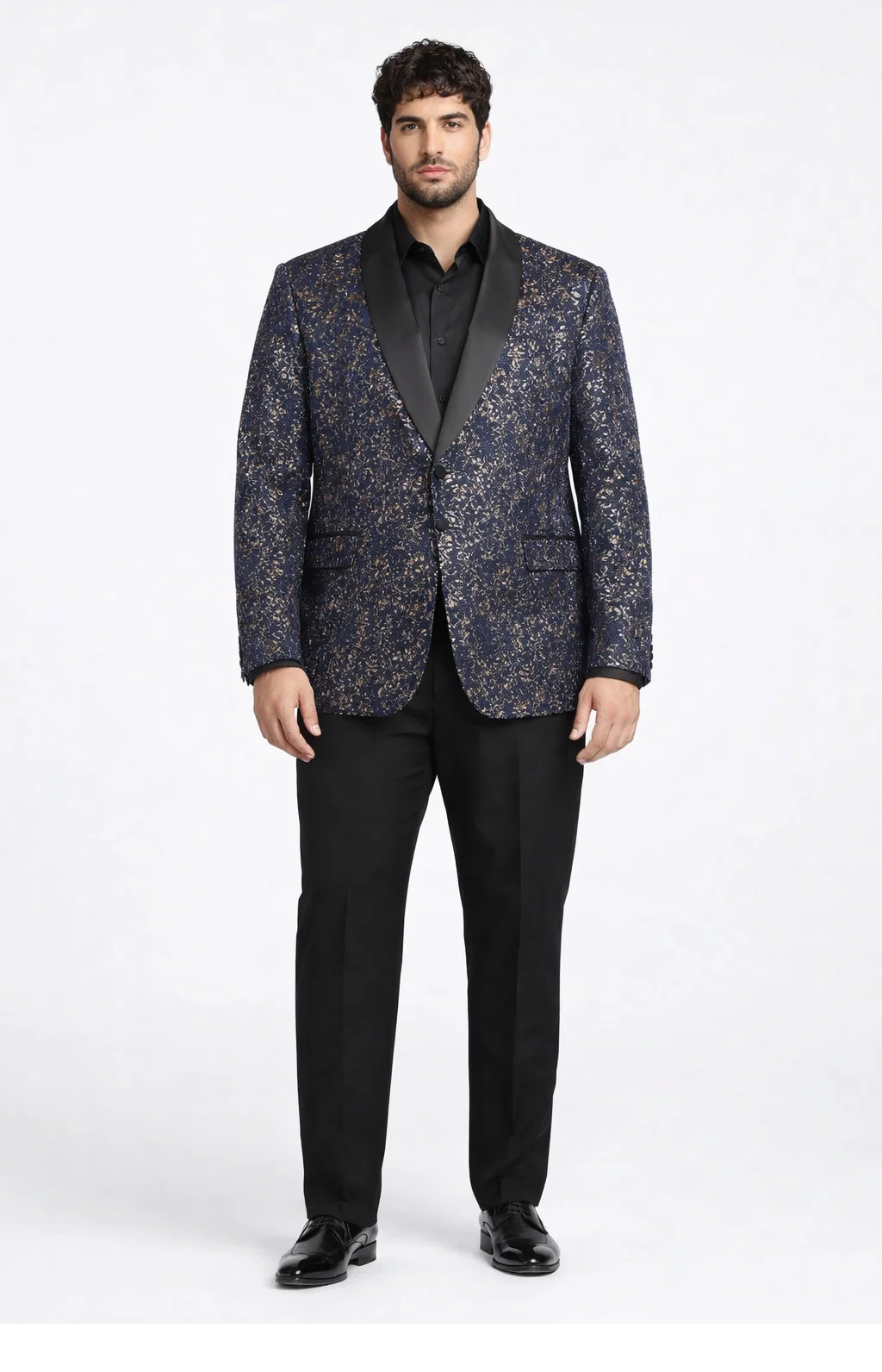 Mens Navy Blue Sequin Tuxedo Jacket with Black Satin Shawl Lapel  Luxury Prom and Wedding Blazer