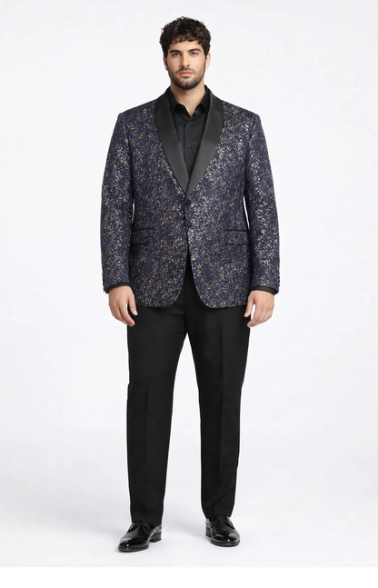 Mens Navy Blue Sequin Tuxedo Jacket with Black Satin Shawl Lapel  Luxury Prom and Wedding Blazer