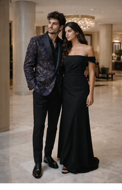 Mens Navy Blue Sequin Tuxedo Jacket with Black Satin Shawl Lapel  Luxury Prom and Wedding Blazer