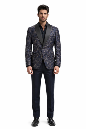 Mens Navy Blue Sequin Tuxedo Jacket with Black Satin Shawl Lapel  Luxury Prom and Wedding Blazer