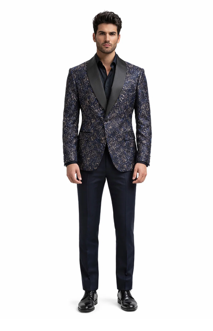 Mens Navy Blue Sequin Tuxedo Jacket with Black Satin Shawl Lapel  Luxury Prom and Wedding Blazer