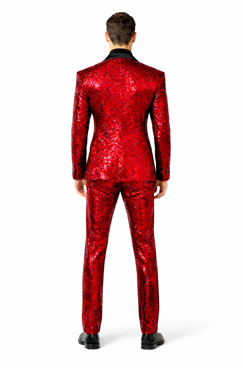 Men's Red Sequin Tuxedo Suit With Black Lapel - Luxury Slim Fit Blazer and Pants Set Matching for Men Men's Red Sequin Tuxedo Suit With Black Lapel - Luxury Slim Fit Blazer and Pants Set Matching for Men