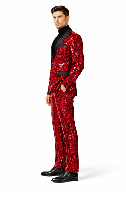 Mens Red Sequin Tuxedo Suit with Black Lapel  Luxury Slim Fit Blazer and Pants Set Matching