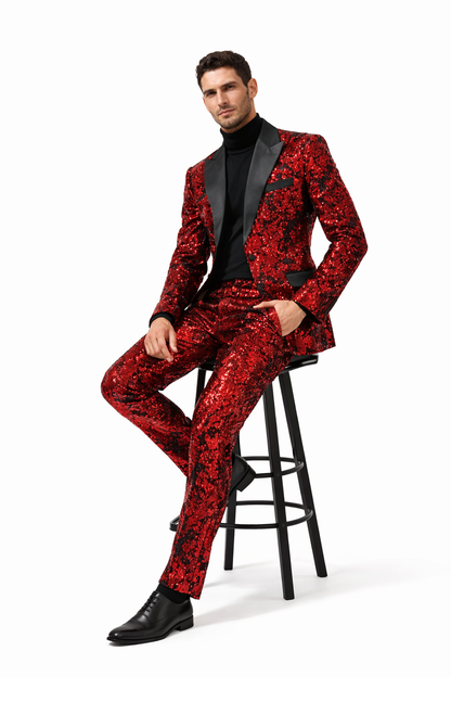 Mens Red Sequin Tuxedo Suit with Black Lapel  Luxury Slim Fit Blazer and Pants Set Matching