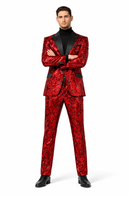 Mens Red Sequin Tuxedo Suit with Black Lapel  Luxury Slim Fit Blazer and Pants Set Matching
