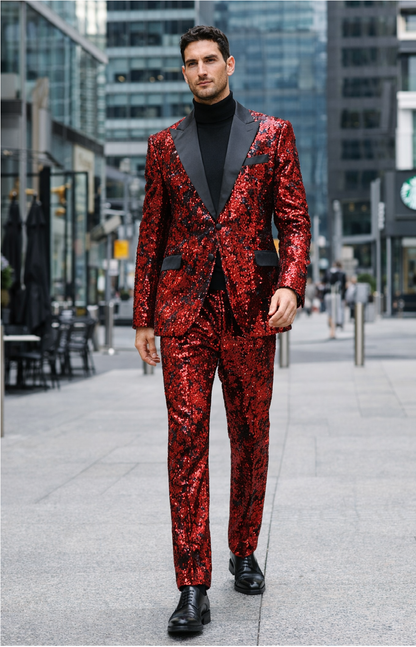 Mens Red Sequin Tuxedo Suit with Black Lapel  Luxury Slim Fit Blazer and Pants Set Matching