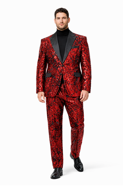 Mens Red Sequin Tuxedo Suit with Black Lapel  Luxury Slim Fit Blazer and Pants Set Matching