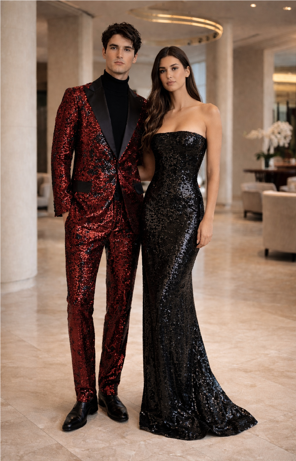 Mens Red Sequin Tuxedo Suit with Black Lapel  Luxury Slim Fit Blazer and Pants Set Matching
