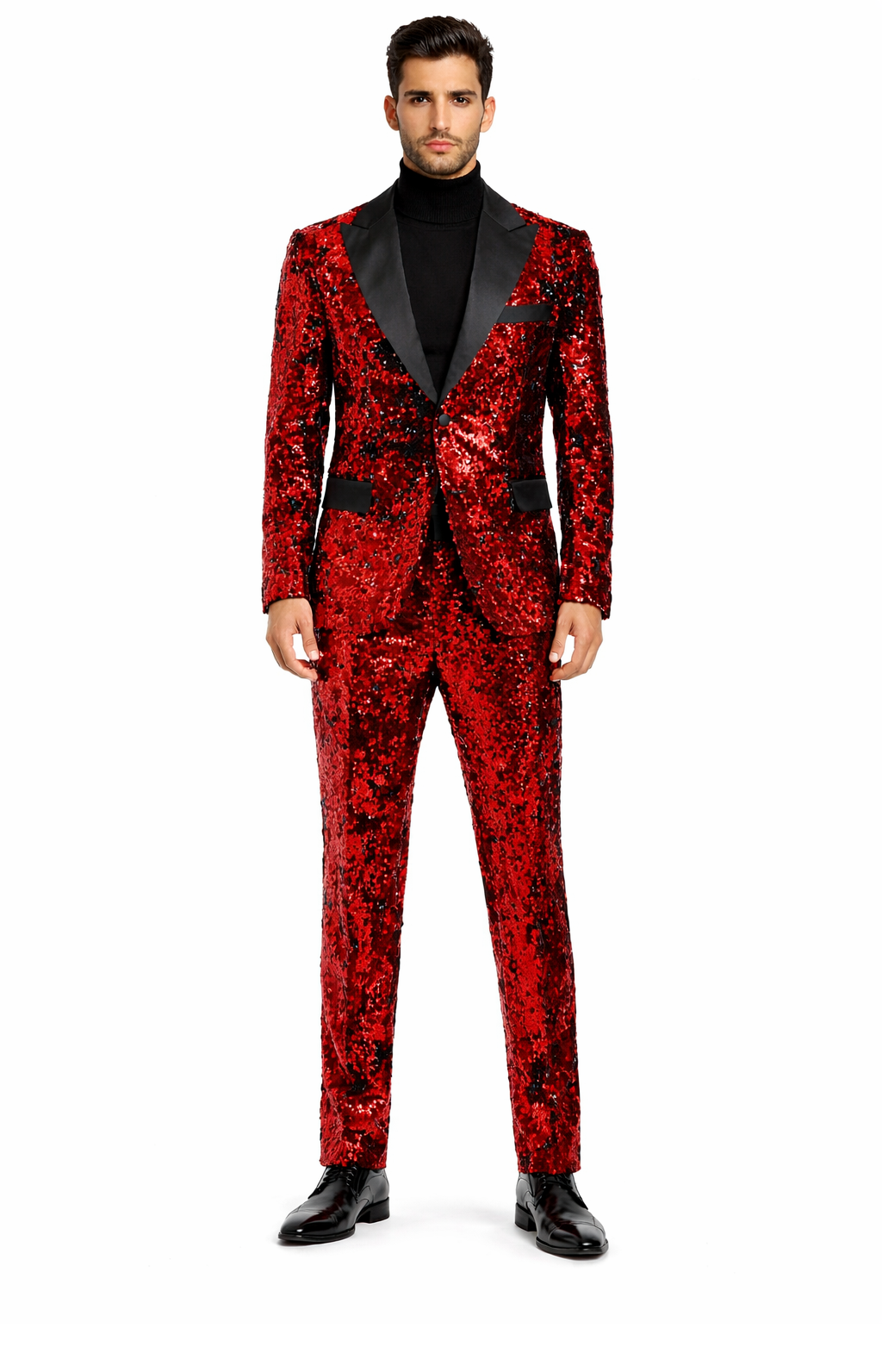 Mens Red Sequin Tuxedo Suit with Black Lapel  Luxury Slim Fit Blazer and Pants Set Matching