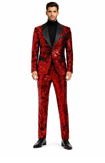 Mens Red Sequin Tuxedo Suit with Black Lapel  Luxury Slim Fit Blazer and Pants Set Matching