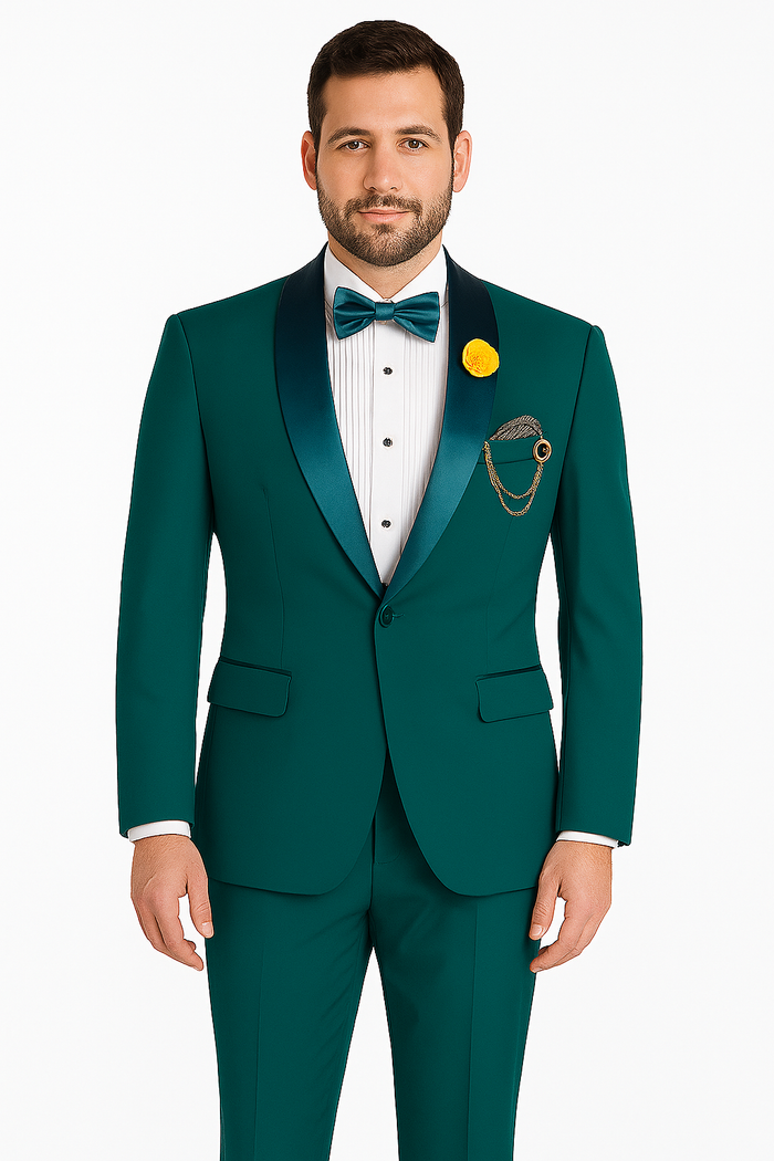 Mens Teal Tuxedo Shawl Collar - Sateen Collar in Teal Blue Color Suit