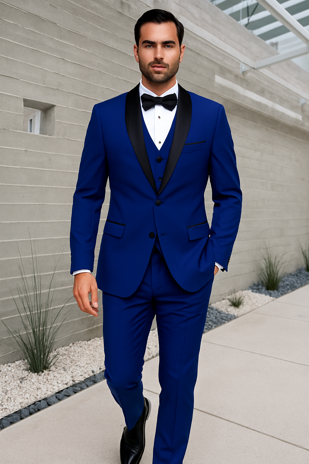 Mens 1 Button Shawl Lapel Vested Wool Wedding - Prom Tuxedo in Sapphire Blue - Mens Slim Fitted Tuxedo