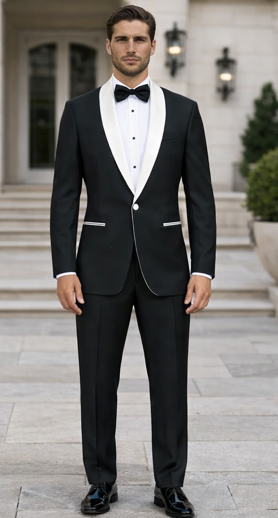 Mens 1 Button Contrast Shawl Tuxedo in Black & White