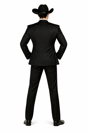 Mens 1 Button Peak Lapel Cowboy Suit - Country Wedding Suits Black Color With Gray Vest and Tie Set Package