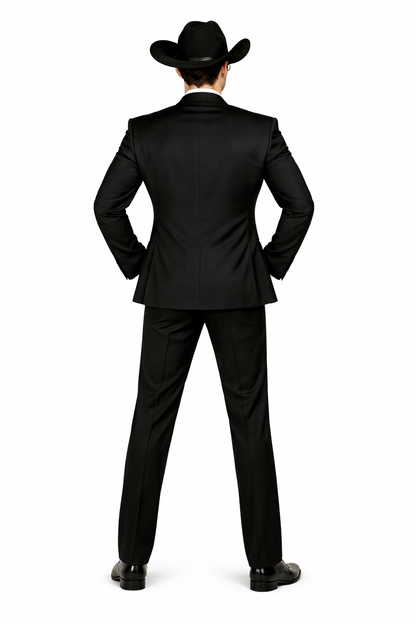 Mens 1 Button Peak Lapel Cowboy Suit - Country Wedding Suits Black Color With Gray Vest and Tie Set Package