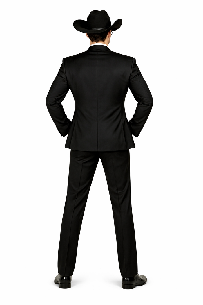 Mens 1 Button Peak Lapel Cowboy Suit - Country Wedding Suits Black Color With Gray Vest and Tie Set Package