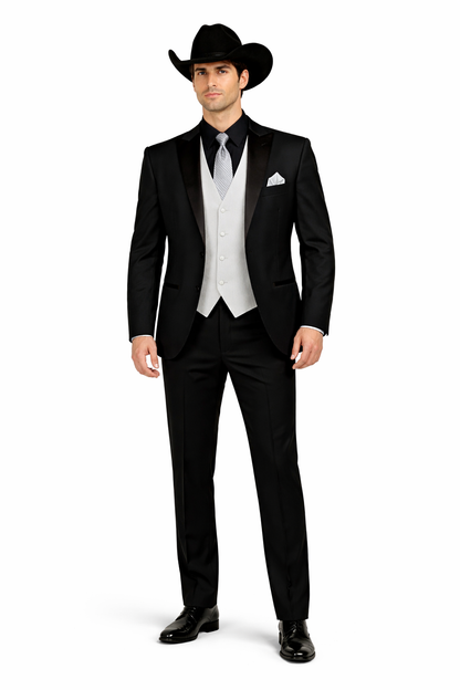 Mens 1 Button Peak Lapel Cowboy Suit - Country Wedding Suits Black Color With Gray Vest and Tie Set Package