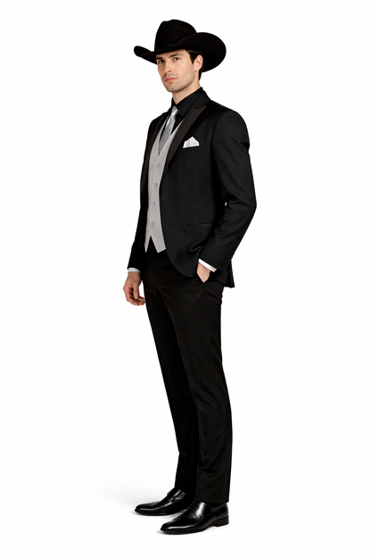Mens 1 Button Peak Lapel Cowboy Suit - Country Wedding Suits Black Color With Gray Vest and Tie Set Package