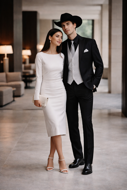 Mens 1 Button Peak Lapel Cowboy Suit - Country Wedding Suits Black Color With Gray Vest and Tie Set Package