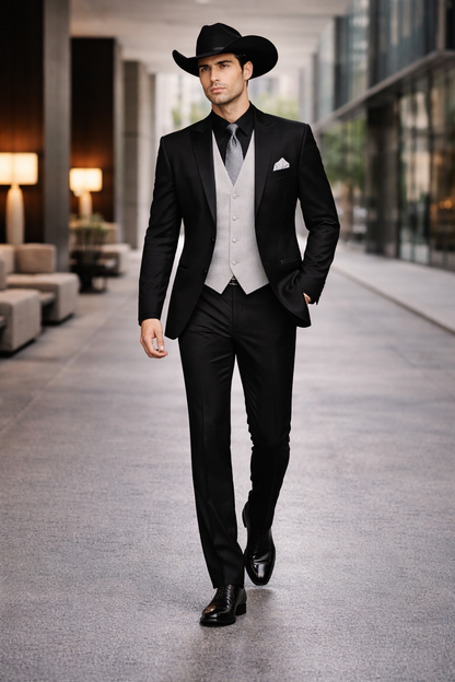 Mens 1 Button Peak Lapel Cowboy Suit - Country Wedding Suits Black Color With Gray Vest and Tie Set Package