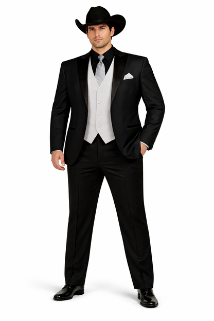 Mens 1 Button Peak Lapel Cowboy Suit - Country Wedding Suits Black Color With Gray Vest and Tie Set Package