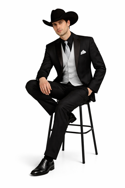 Mens 1 Button Peak Lapel Cowboy Suit - Country Wedding Suits Black Color With Gray Vest and Tie Set Package