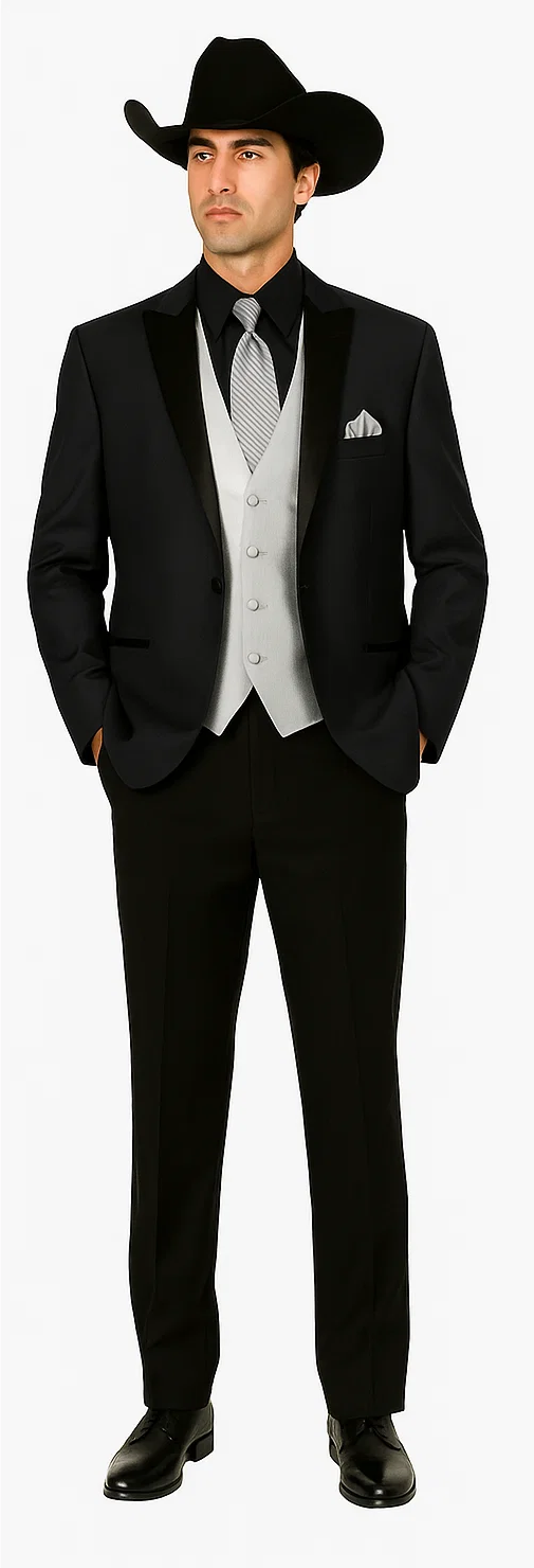 Mens 1 Button Peak Lapel Cowboy Suit - Country Wedding Suits Black Color With Gray Vest and Tie Set Package