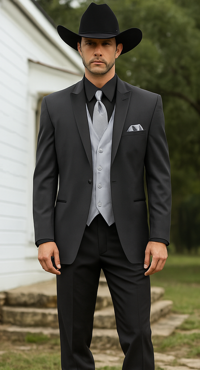 Mens 1 Button Peak Lapel in Grey Cowboy Suit - Country Wedding Suits