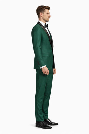 Mens 1 Button Shawl Lapel Vested Wedding | Prom Tuxedo in Emerald Green Sharkskin - Mens Slim Fitted Tuxedo
