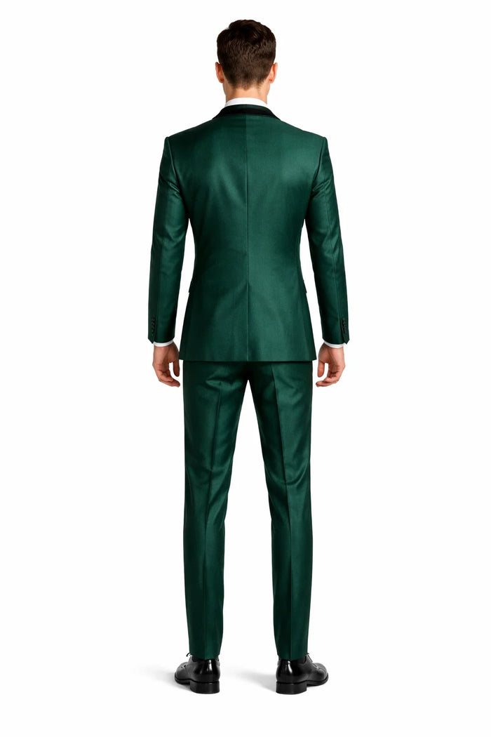 Mens 1 Button Shawl Lapel Vested Wedding | Prom Tuxedo in Emerald Green Sharkskin - Mens Slim Fitted Tuxedo