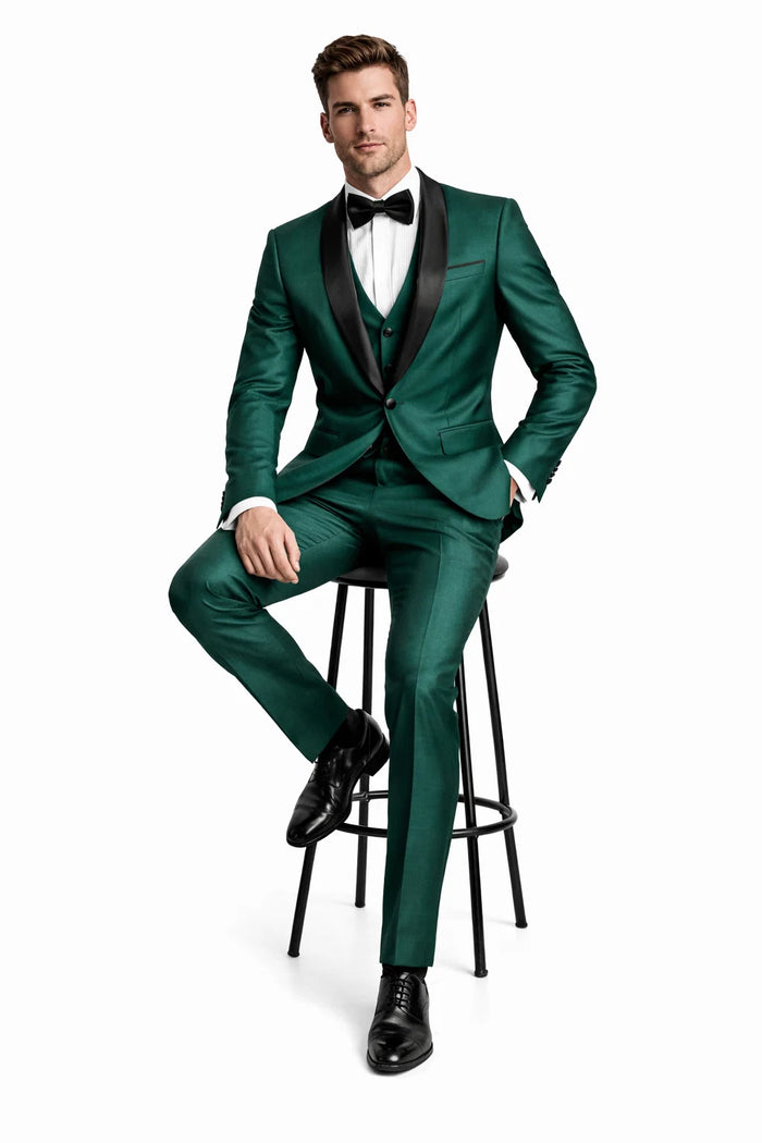 Mens 1 Button Shawl Lapel Vested Wedding | Prom Tuxedo in Emerald Green Sharkskin - Mens Slim Fitted Tuxedo