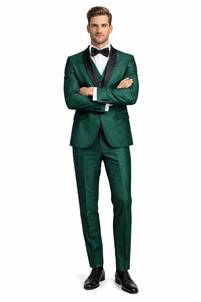 Mens 1 Button Shawl Lapel Vested Wedding | Prom Tuxedo in Emerald Green Sharkskin - Mens Slim Fitted Tuxedo