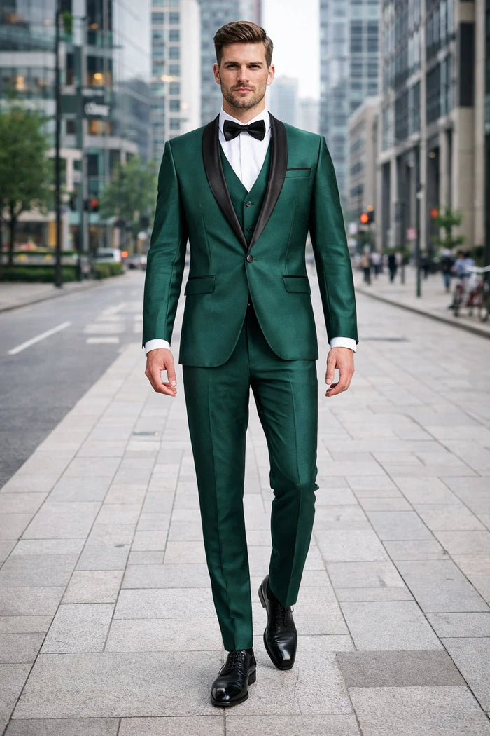 Mens 1 Button Shawl Lapel Vested Wedding | Prom Tuxedo in Emerald Green Sharkskin - Mens Slim Fitted Tuxedo