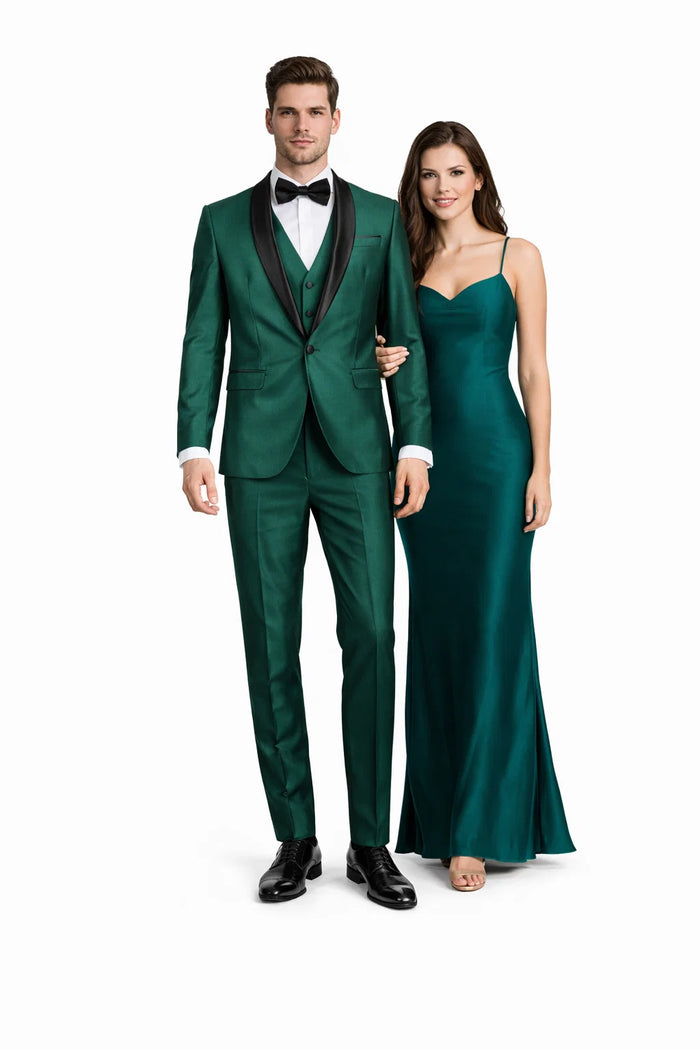 Mens 1 Button Shawl Lapel Vested Wedding | Prom Tuxedo in Emerald Green Sharkskin - Mens Slim Fitted Tuxedo