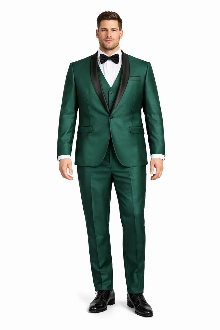 Mens 1 Button Shawl Lapel Vested Wedding | Prom Tuxedo in Emerald Green Sharkskin - Mens Slim Fitted Tuxedo