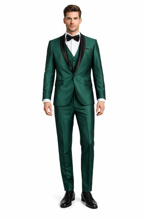Mens 1 Button Shawl Lapel Vested Wedding | Prom Tuxedo in Emerald Green Sharkskin - Mens Slim Fitted Tuxedo