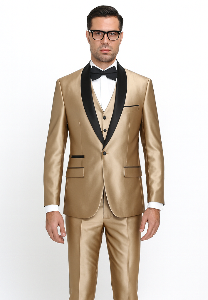 Mens 1 Button Shawl Lapel Vested Wedding | Prom Tuxedo in Gold Sharkskin - Mens Slim Fitted Tuxedo
