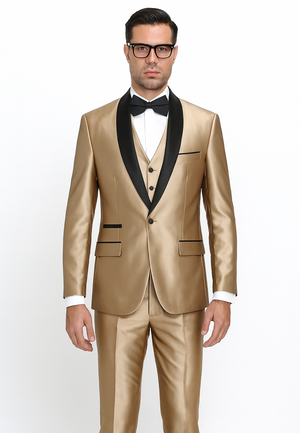 Mens 1 Button Shawl Lapel Vested Wedding | Prom Tuxedo in Gold Sharkskin - Mens Slim Fitted Tuxedo