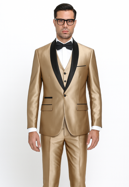 Mens 1 Button Shawl Lapel Vested Wedding | Prom Tuxedo in Gold Sharkskin - Mens Slim Fitted Tuxedo