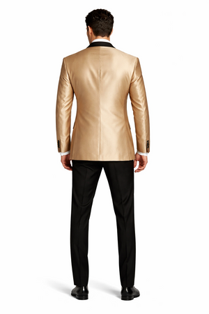 Mens 1 Button Shawl Lapel Vested Wedding | Prom Tuxedo in Gold Sharkskin - Mens Slim Fitted Tuxedo