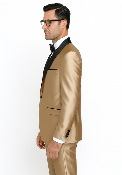 Mens 1 Button Shawl Lapel Vested Wedding | Prom Tuxedo in Gold Sharkskin - Mens Slim Fitted Tuxedo