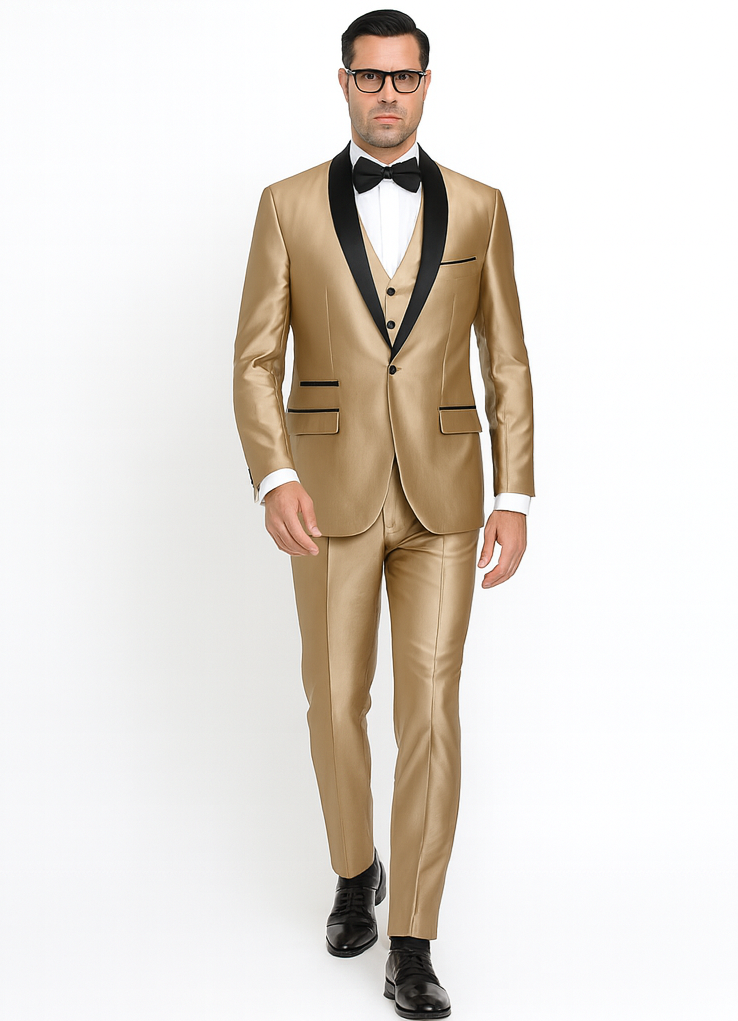 Mens 1 Button Shawl Lapel Vested Wedding | Prom Tuxedo in Gold Sharkskin - Mens Slim Fitted Tuxedo