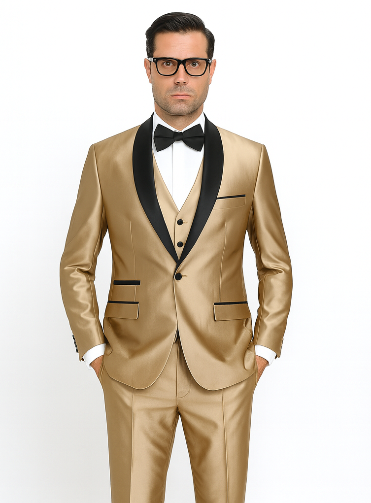 Mens 1 Button Shawl Lapel Vested Wedding | Prom Tuxedo in Gold Sharkskin - Mens Slim Fitted Tuxedo