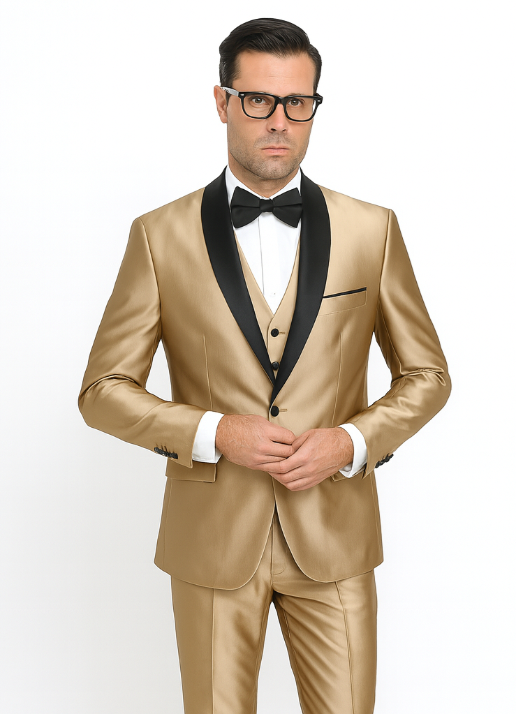 Mens 1 Button Shawl Lapel Vested Wedding | Prom Tuxedo in Gold Sharkskin - Mens Slim Fitted Tuxedo
