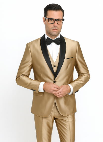 Mens 1 Button Shawl Lapel Vested Wedding | Prom Tuxedo in Gold Sharkskin - Mens Slim Fitted Tuxedo
